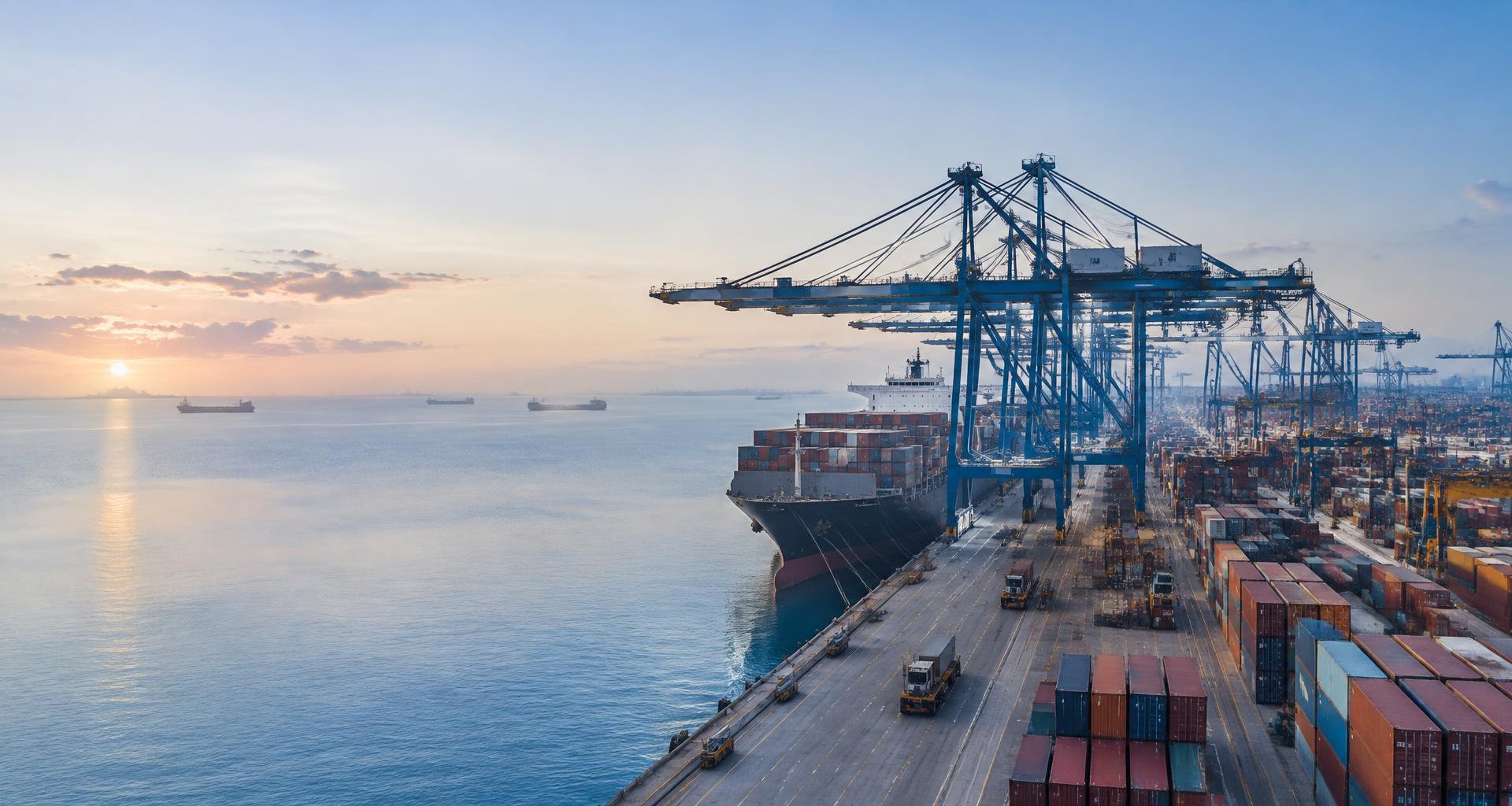 Container ships and gantry cranes connecting a port to international markets